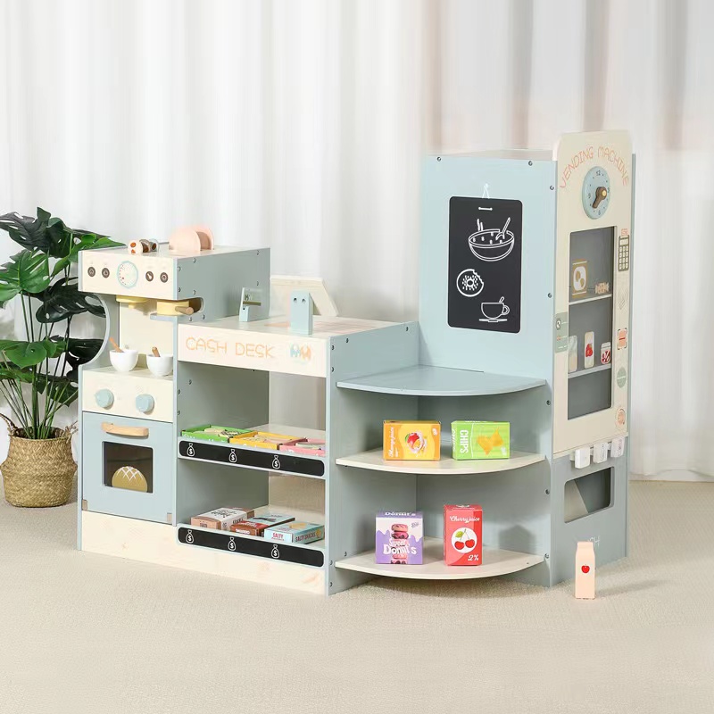 Kids Toys In Store - ชุดของเล่นร้านขายของชำไม้สำหรับเด็ก ชุดของเล่นร้านค้าไม้ ซูเปอร์มาร์เก็ตไม้ พร้อมเครื่องคิดเงินสดและเครื่องขายกาแฟ